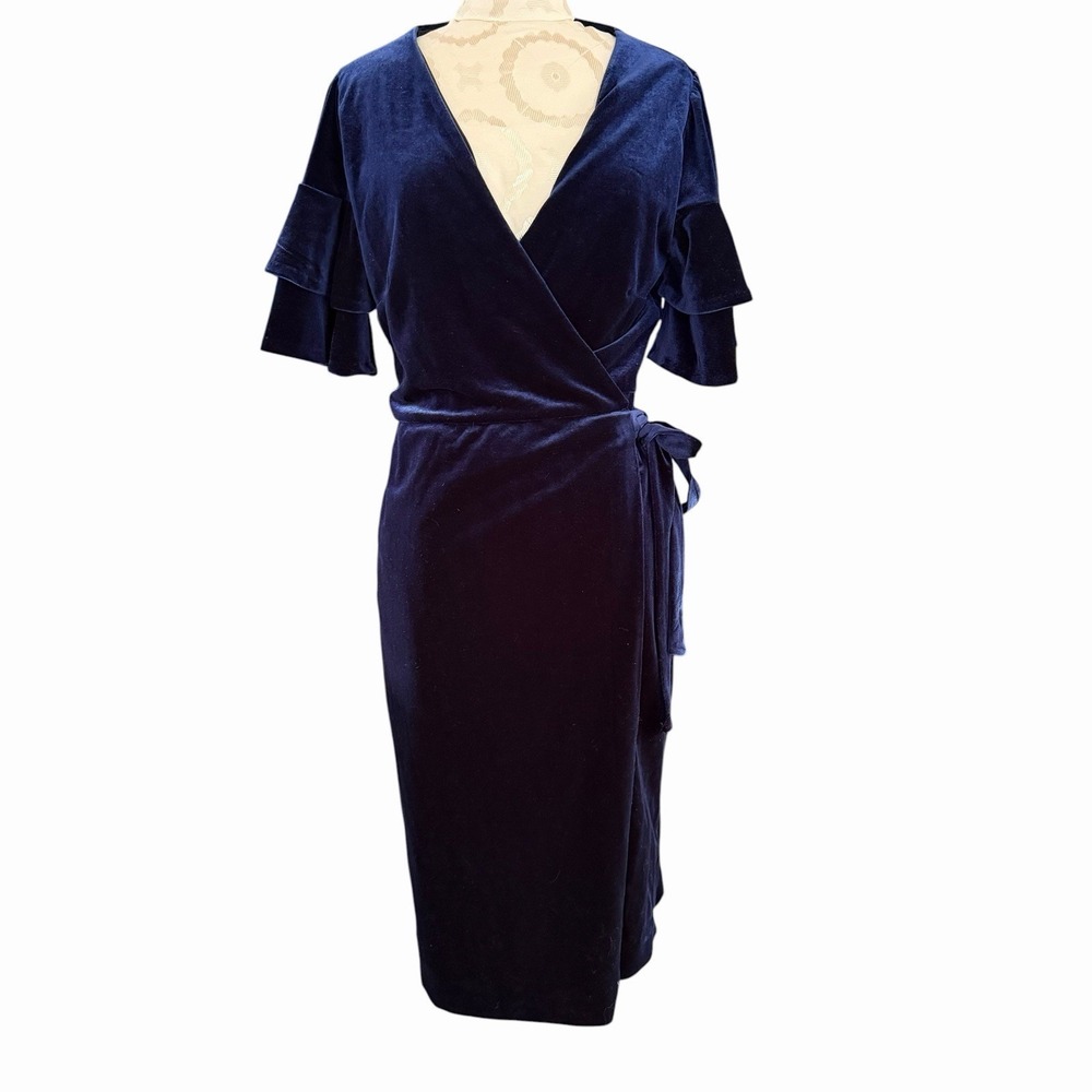 Maison Jules Navy Blue L Velvet‎ Wrap Dress Holiday Midi Ruffle Sleeve Classic